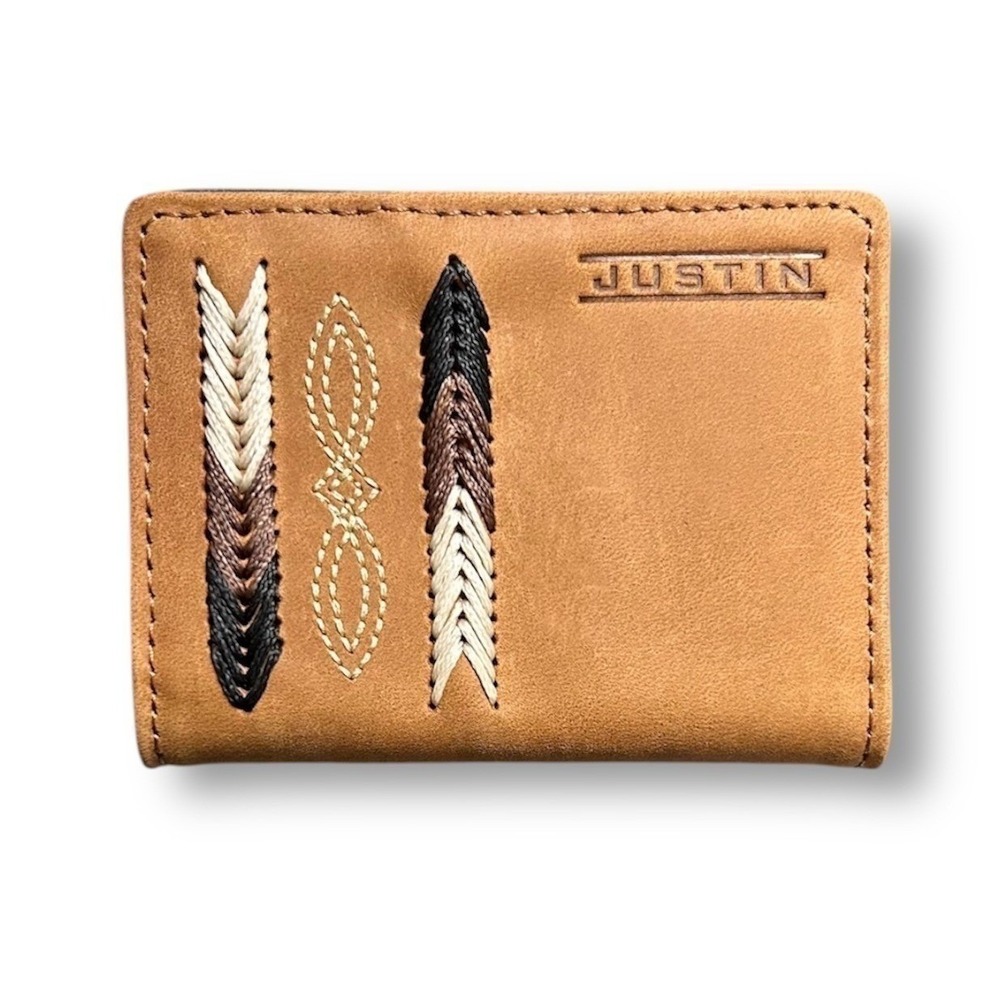 Justin Genuine Embroidered Leather RFID Brown Bifold Wallet Western Trim Cowboy